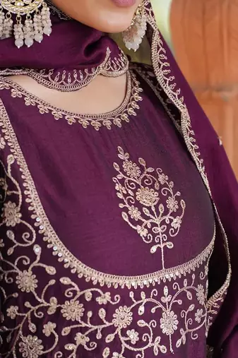 wine Embroidered Kurti set with Dupatta