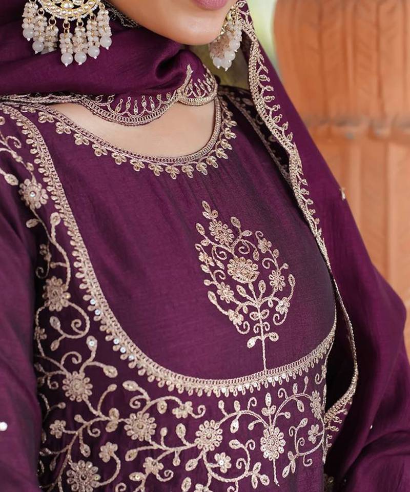 wine Embroidered Kurti set with Dupatta