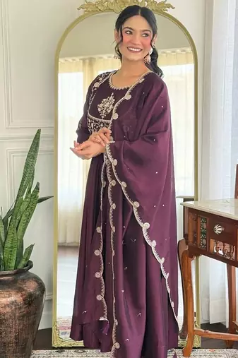 wine Embroidered Kurti set with Dupatta