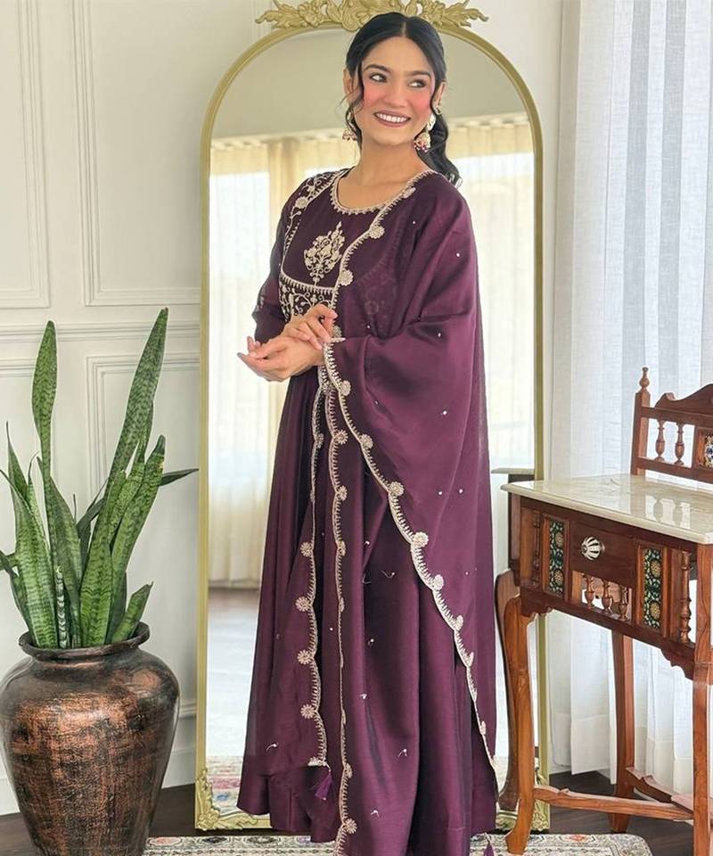 wine Embroidered Kurti set with Dupatta
