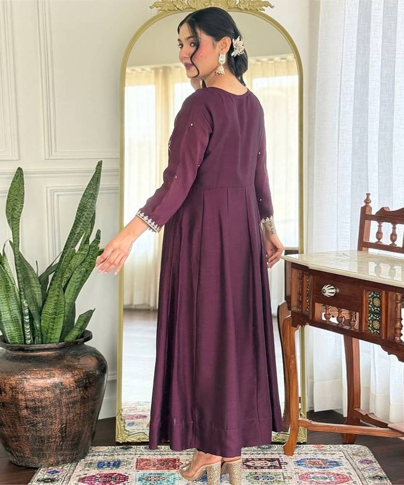 wine Embroidered Kurti set with Dupatta