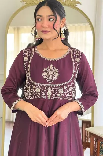 wine Embroidered Kurti set with Dupatta