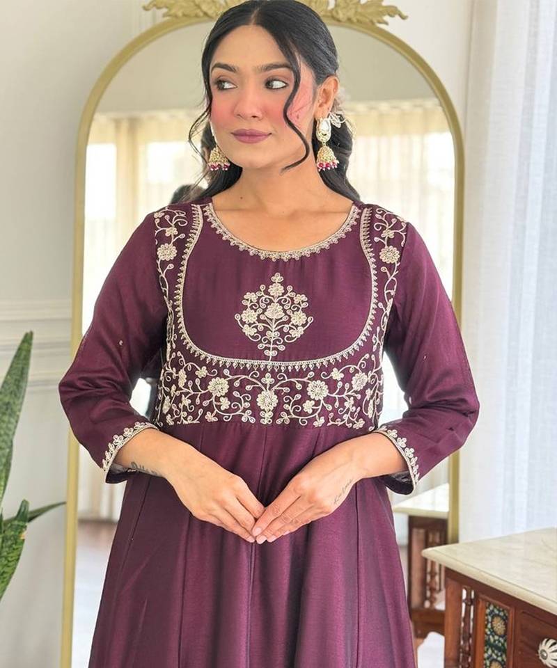wine Embroidered Kurti set with Dupatta