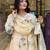 Women's cream cotton thread work straight kurta with pant and dupatta set
