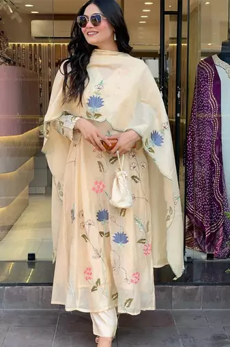 cream Floral Embroidered Kurta Set