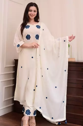 Elegant viscose thread work kurta set with pant & dupatta for women