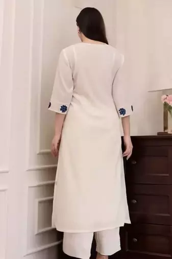 White Kurta Set with Blue Embroidery