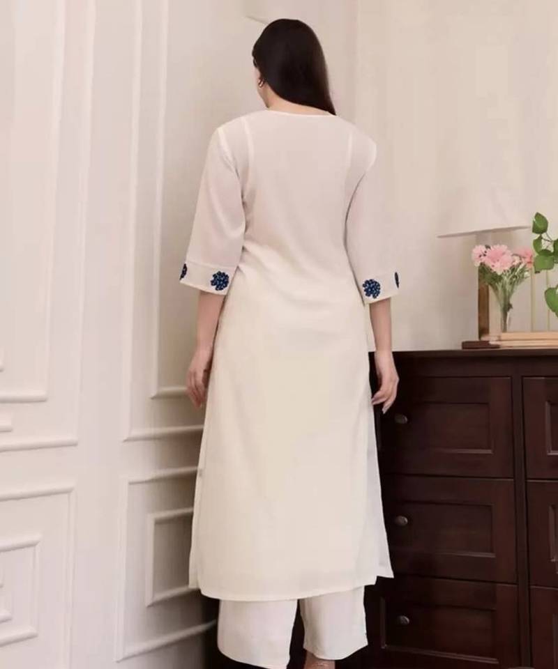 White Kurta Set with Blue Embroidery