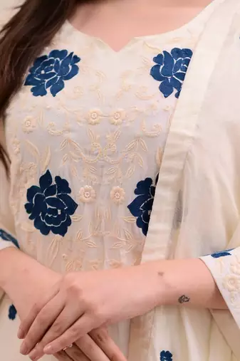 White Kurta Set with Blue Embroidery