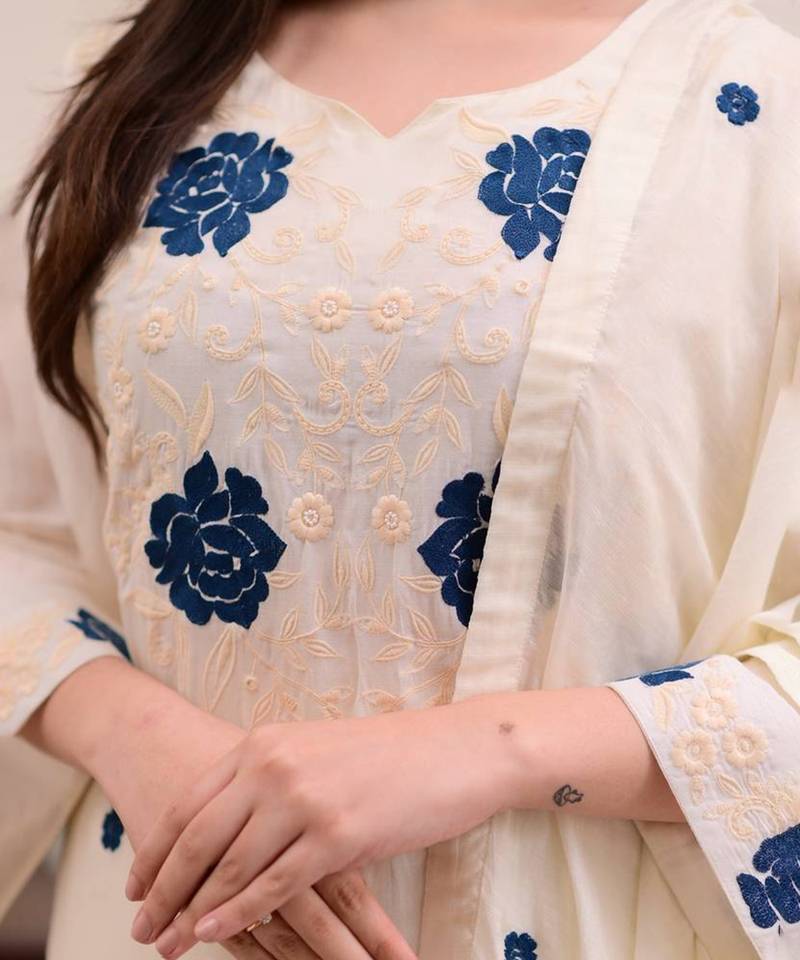 White Kurta Set with Blue Embroidery
