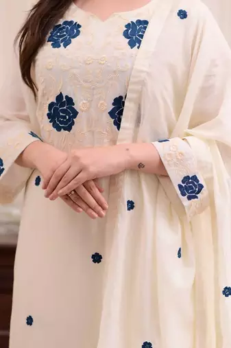 White Kurta Set with Blue Embroidery