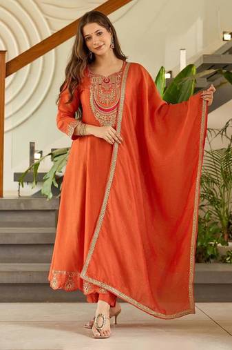 Women's embroidered orange vichitra silk flared kurta, rayon pant & dupatta set
