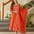 Women's embroidered orange vichitra silk flared kurta, rayon pant & dupatta set