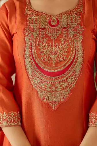 Orange Embroidered Kurti with Dupatta