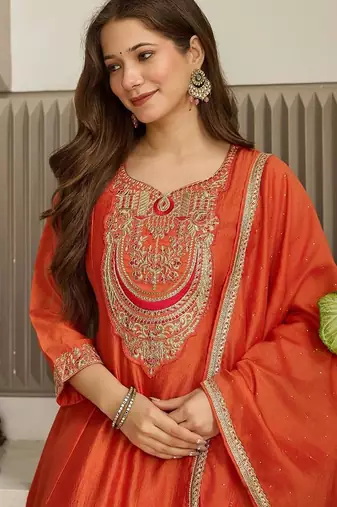 Orange Embroidered Kurti with Dupatta