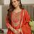 Women's embroidered orange vichitra silk flared kurta, rayon pant & dupatta set