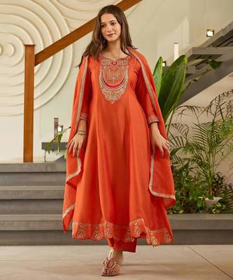 Orange Embroidered Kurti with Dupatta 5