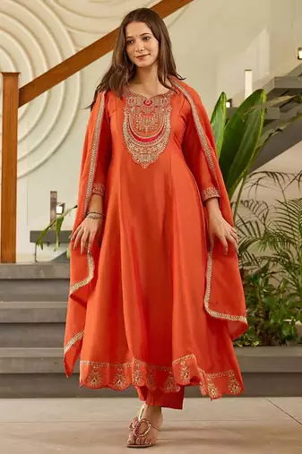 Orange Embroidered Kurti with Dupatta