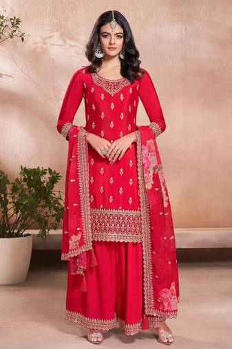 Women's embroidered vichitra silk kurta, sharara & chinon dupatta set