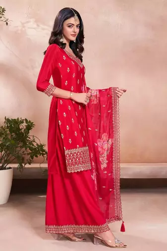 Red Embroidered ethnic Suit 