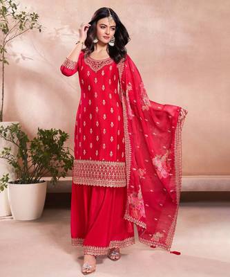 Red Embroidered ethnic Suit  4