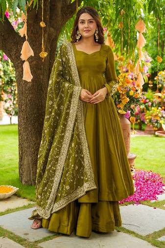 Olive green german chiffon embroidered gown with palazzo & dupatta | fully stitched ready-to-wear