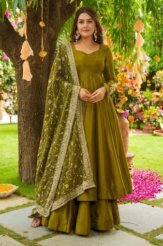 Olive green german chiffon embroidered gown with palazzo & dupatta | fully stitched ready-to-wear