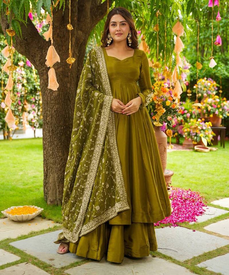Olive Green Anarkali with Dupatta