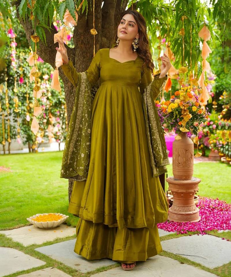 Olive Green Anarkali with Dupatta