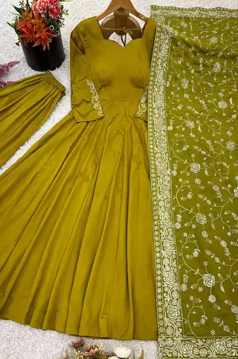 Olive Green Anarkali with Dupatta