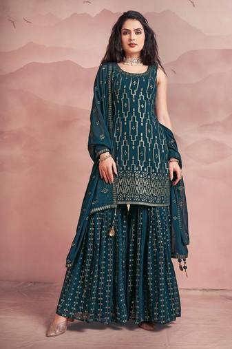 Women's teal georgette sleeveless kurta, sharara & dupatta set with abstract sequin embroidery