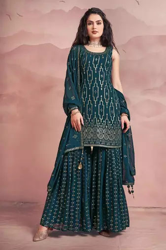 Women's teal georgette sleeveless kurta, sharara & dupatta set with abstract sequin embroidery