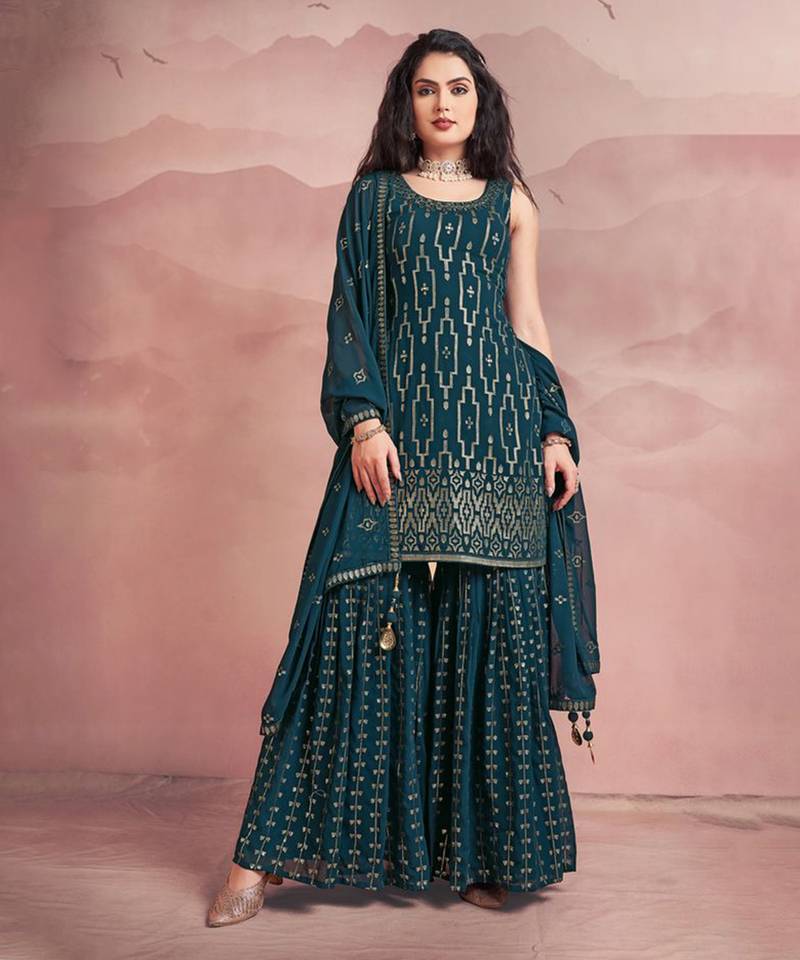 teal georgette ethnic set