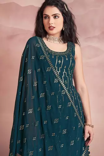 teal georgette ethnic set