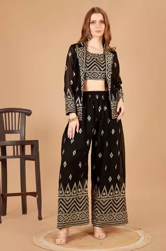 Black Georgette Crop Top Palazzo with Embroidered Jacket Set.