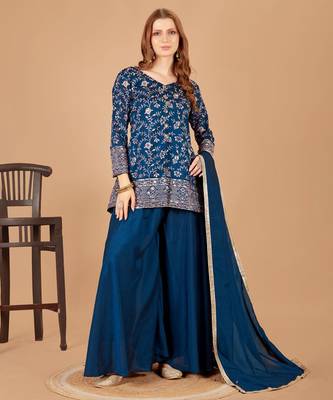 teal blue kurta, palazzo & dupatta set 1