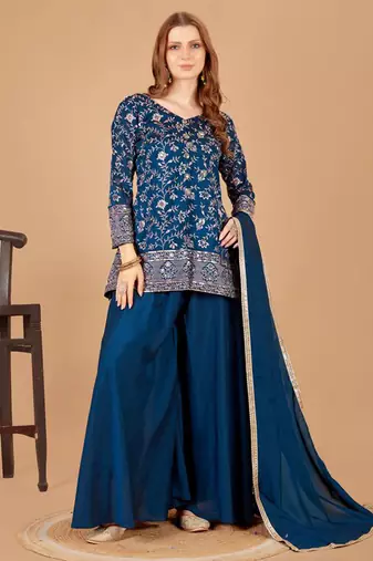 Women's embroidered teal blue silk short jacket-style kurta, palazzo & dupatta set