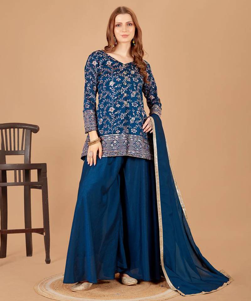 Women's embroidered teal blue silk short jacket-style kurta, palazzo & dupatta set