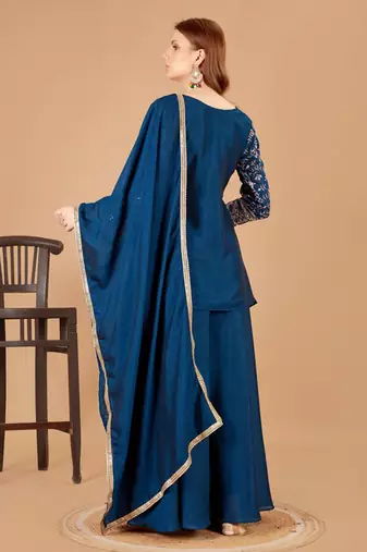 teal blue kurta, palazzo & dupatta set