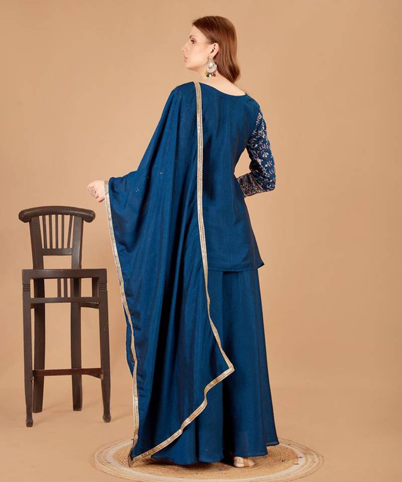 teal blue kurta, palazzo & dupatta set