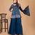 Women's embroidered teal blue silk short jacket-style kurta, palazzo & dupatta set