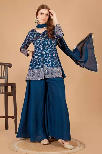 teal blue kurta, palazzo & dupatta set