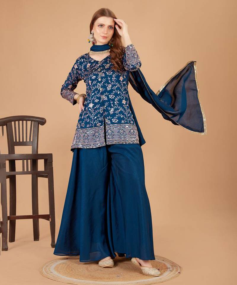 teal blue kurta, palazzo & dupatta set