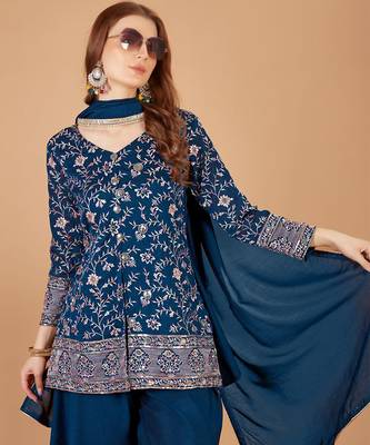 teal blue kurta, palazzo & dupatta set 4