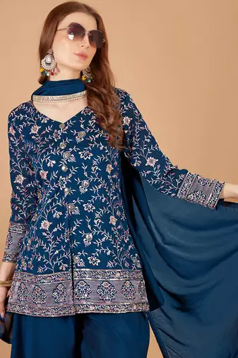teal blue kurta, palazzo & dupatta set