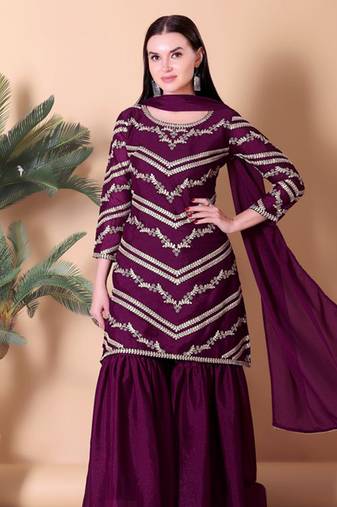 Women's embroidered wine color silk georgette kurta, sharara & dupatta set