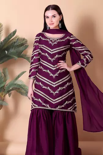 Women's embroidered wine color silk georgette kurta, sharara & dupatta set