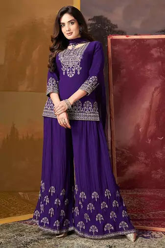 Women's purple silk georgette embroidered kurta sharara set with dupatta