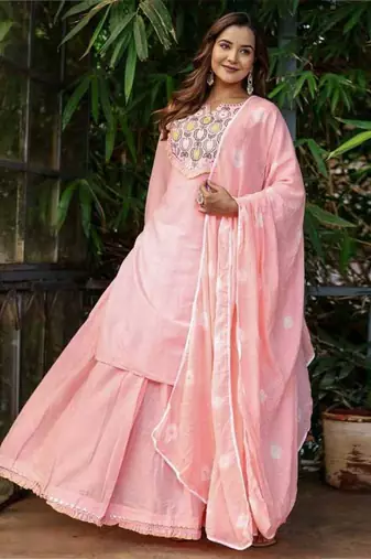 Baby pink cotton cambric dyed kurti with skirt & kota check dupatta | embroidery, mirror & lace work