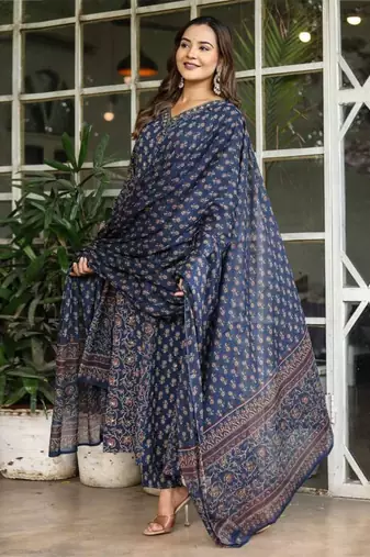 Blue cotton cambric printed anarkali kurti with pant & mulmul dupatta, hand & mirror work